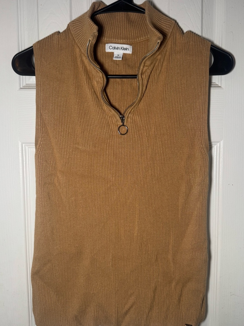 Calvin Klein Sleeveless Ribbed Zip Tank - Camel Brown